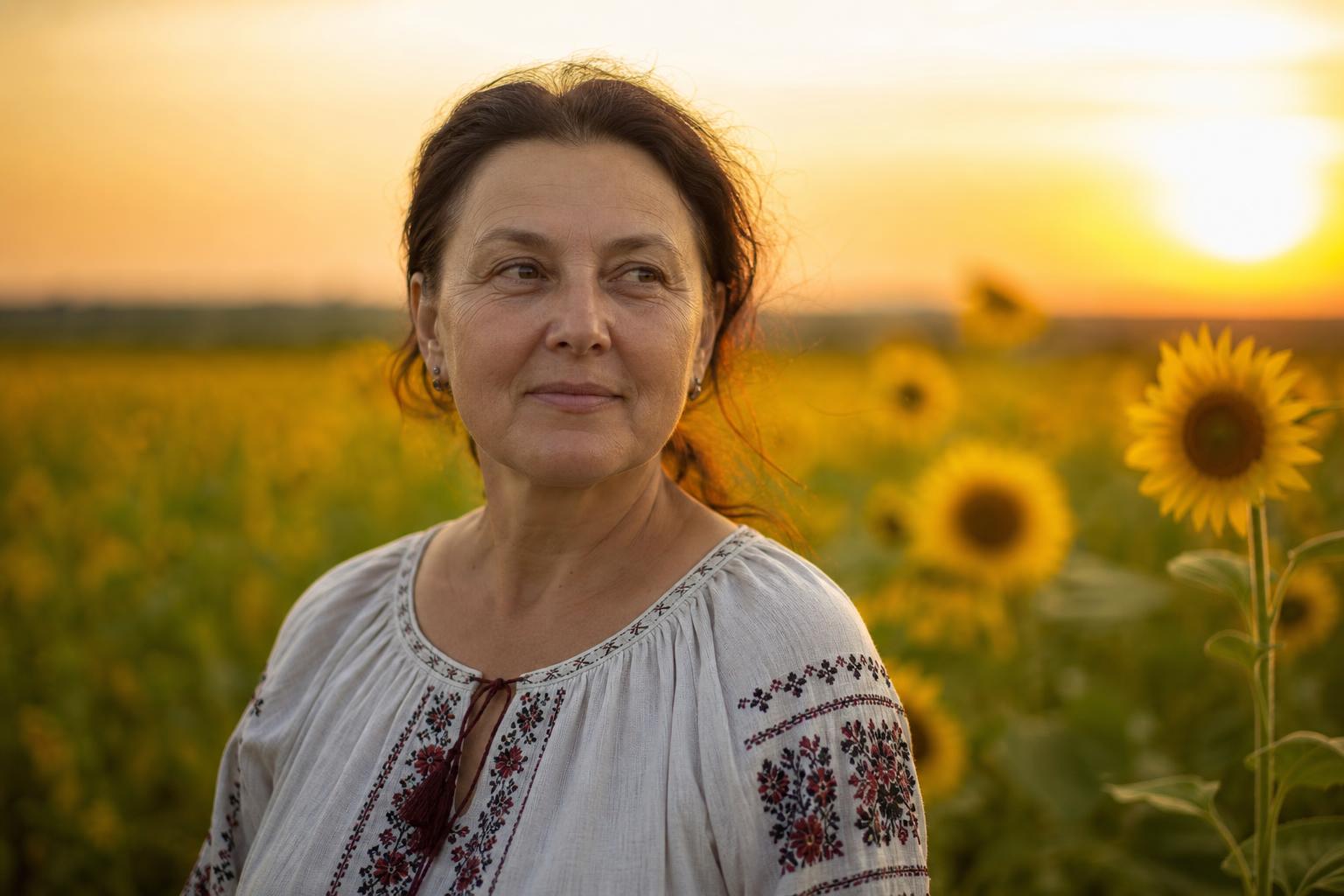 Žena v tradičním kroji ve slunečnicovém poli